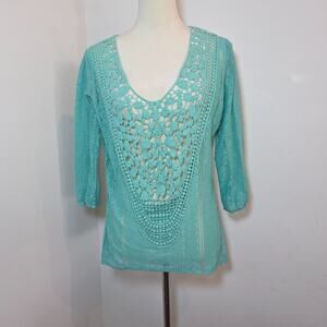Vanity Crochet Lace Top Size M Turquoise 3/4 Sleeve Boho Festival Fairy Romantic